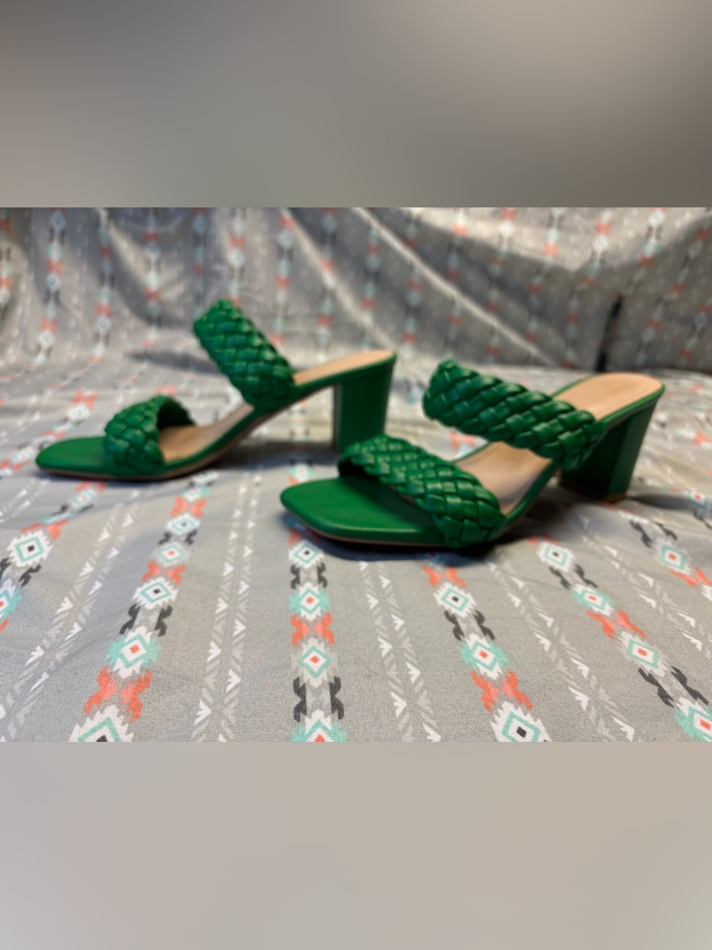 🌀Green Braided Double-Strap Women's Slide Heel Sandals - Picture 2 of 4
